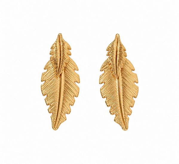Brinco Folha Texturizada com Banho em Ouro 18K