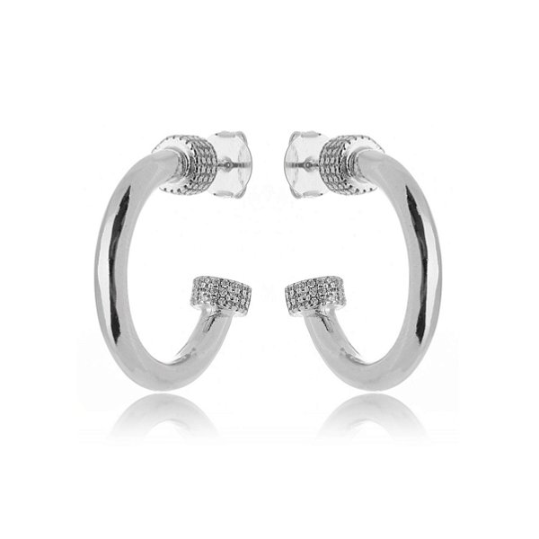 Brinco Meia Argola Com Micro Zircônia Cristal - Ródio Branco