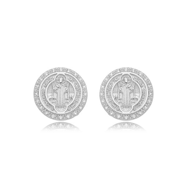 Brinco Religioso São Bento Cravejado - Ródio Branco