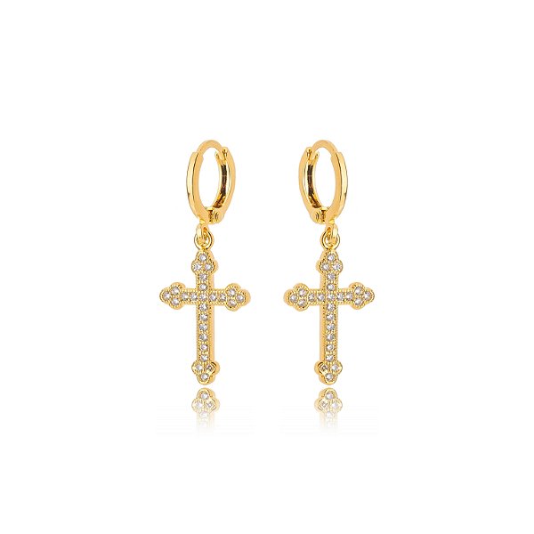 Brinco Religioso Argola Cruz Cravejada - Ouro