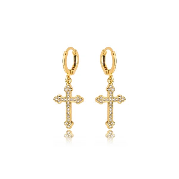 Brinco Religioso Argola Cruz Cravejada - Ouro