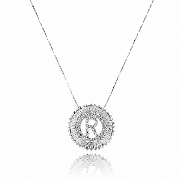 Colar Mandala Letra R Cristal - Ródio Branco