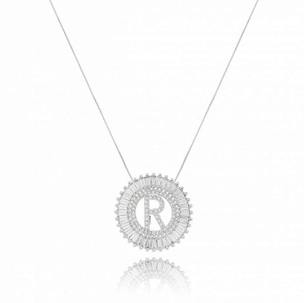 Colar Mandala Letra R Cristal - Ródio Branco