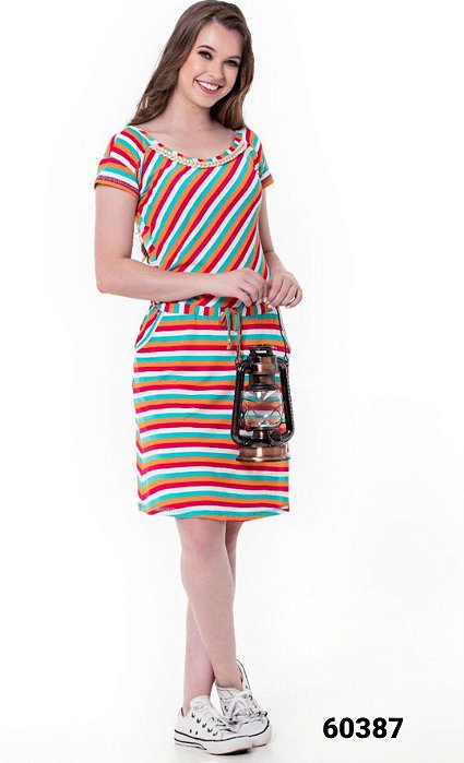 VESTIDO LISTRADO CORDÃO NA CINTURA - HAPUK