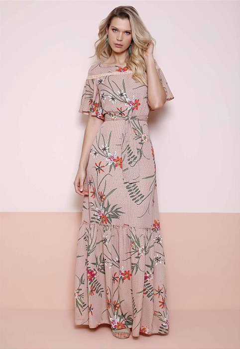 VESTIDO LONGO ESTAMPA FOLHAGEM - FASCÍNIUS