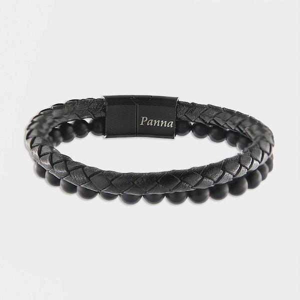 Pulseira Masculina Couro e Ônix Fosco