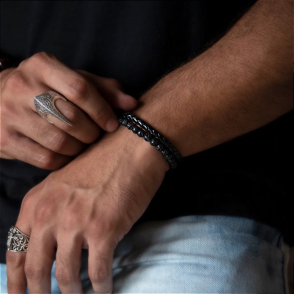 Pulseira Masculina Couro e Lava Vulcânica