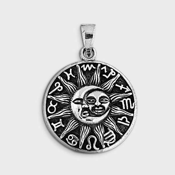 Pingente Místico Sol e Lua com Roda do Zodíaco Prata 925