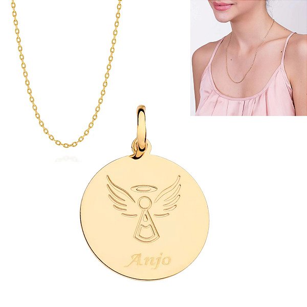 Colar 50cm com Pingente Medalha Anjo Personalizável Rommanel