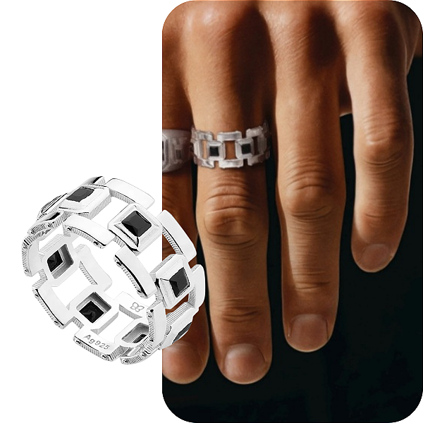 Anel Masculino Rommanel Prata925 Maciça c 8 Zircônias Carrê