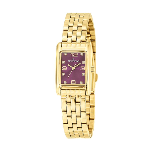 Relogio Feminino Rommanel Dourado Lilás com 8 Cristais Resistente a Água