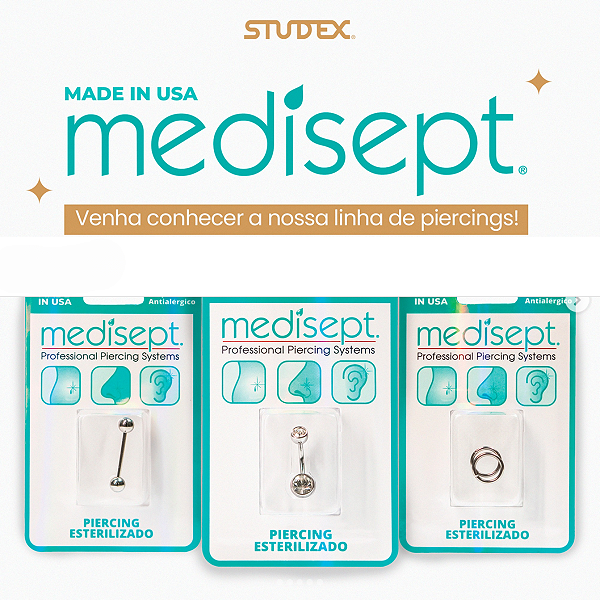 KIT Piercing + GEL de Limpeza Cicatrizante - Aço Cirúrgico – Antialérgico Esterilizado Medisept Studex