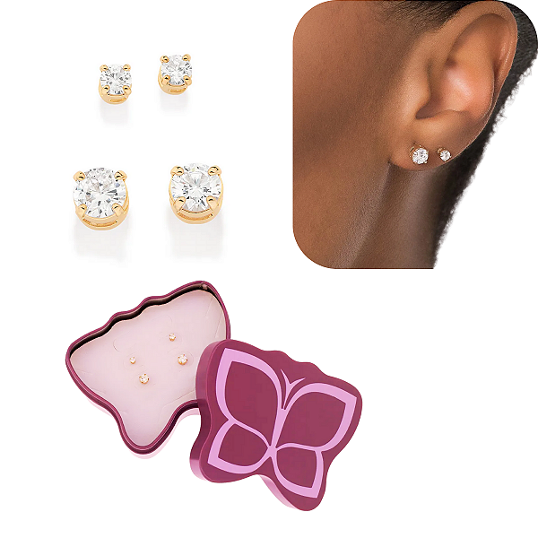 Kit Presente Rommanel 2 Brincos Solitários e Caixa Borboleta