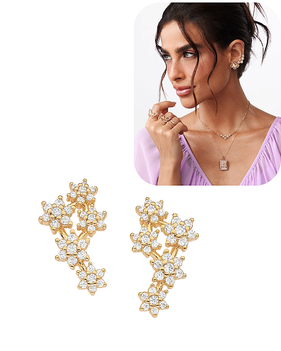 Brinco Flores Banhado a Ouro 18k com 35 Zircônias - Rommanel