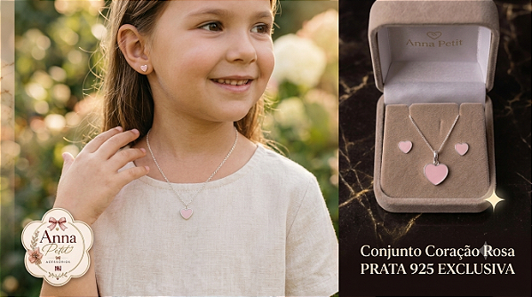 Conjunto Infantil Coração em Prata 925 e Resina Colorida - Anna Petit