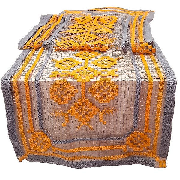Caminho de mesa renda filé amarelo e cinza