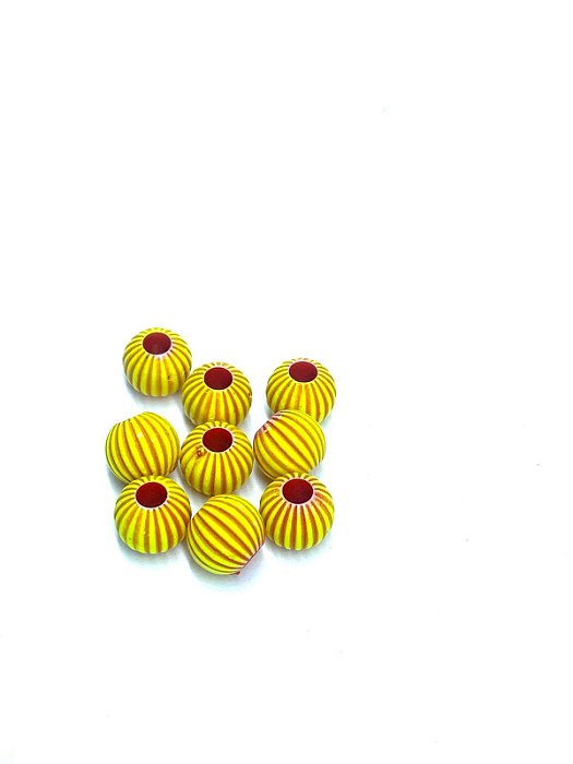 Miçanga Sorocaba Fluorescente Amarelo Listra Vermelho - 10 Unidades