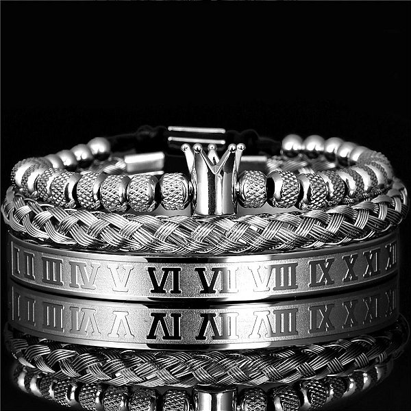 Pulseira Masculina Prateada Kit 3 em Aço Inox Cirúrgico Coroa