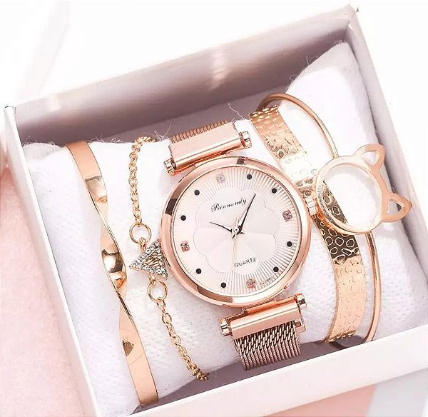 Relógio Feminino Pulseira Magnética Céu Estrelado + 4 Braceletes + Caixa de Brinde