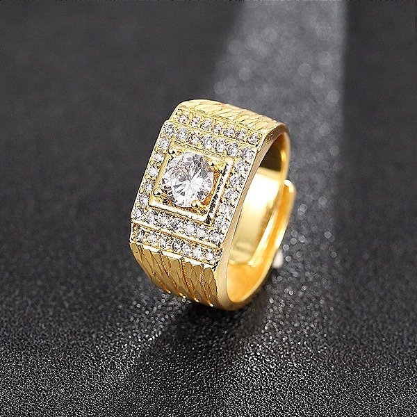Anel Masculino Banhado a Ouro 18K Pedra de Zircônia Ajustável Frete Grátis