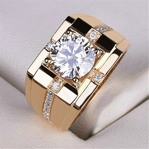 Anel Masculino Banhado a Ouro 18K Pedra Zircônia e Pedraria Ajustável