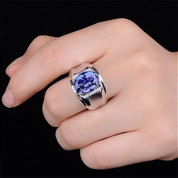 Anel Masculino Banhado Prata Esterlina 925 Ajustável com Pedra Topázio Fusion Zircônia Azul Frete Grátis