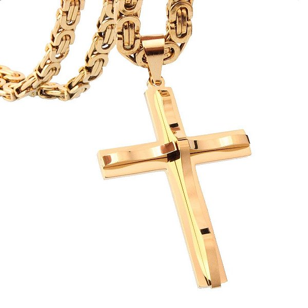 Corrente Masculina Aço Inox Banhada a Ouro 18K + Pingente Cruz - 6MM x 60CM