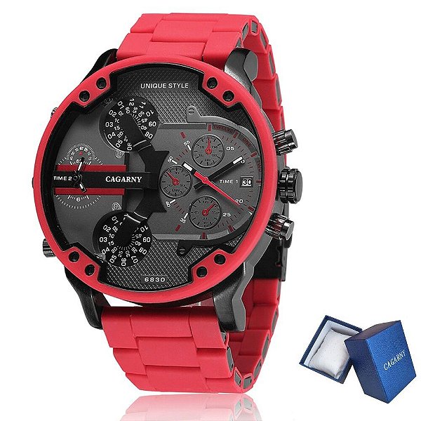 Relógio Masculino Vermelho Dual Time Unique Style