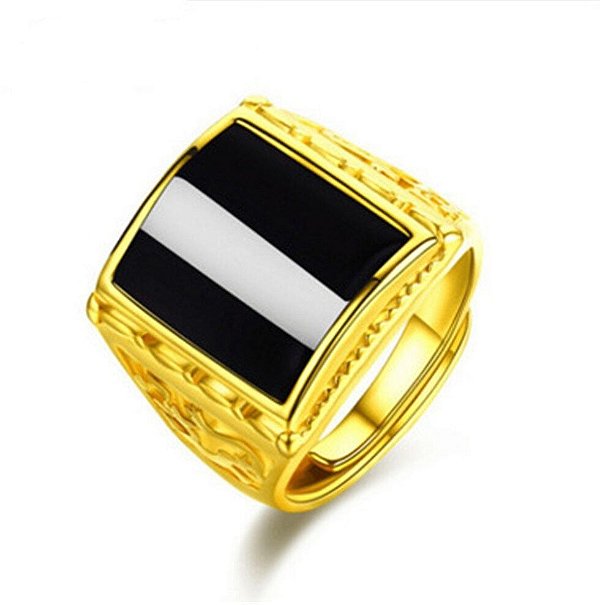 Anel Masculino Banhado a Ouro 18K Ajustável com Pedra Ônix Fusion
