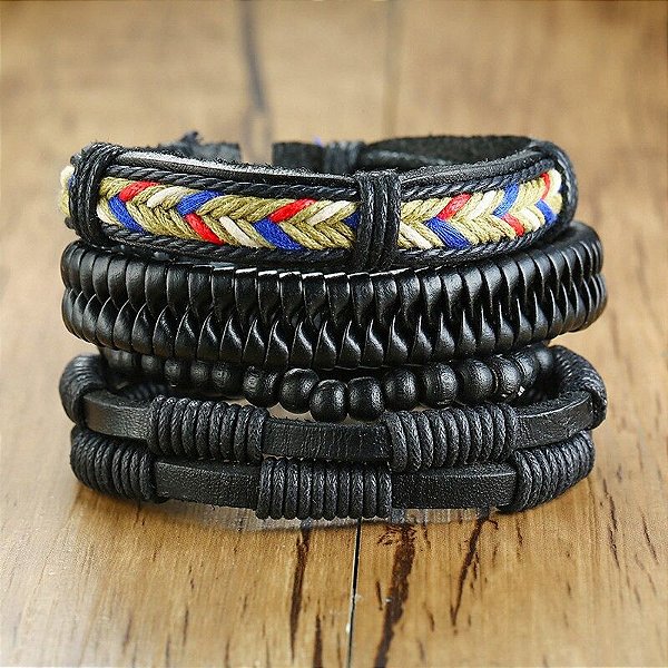 Pulseira de Couro Masculina Ajustável KIT 4 Unidades