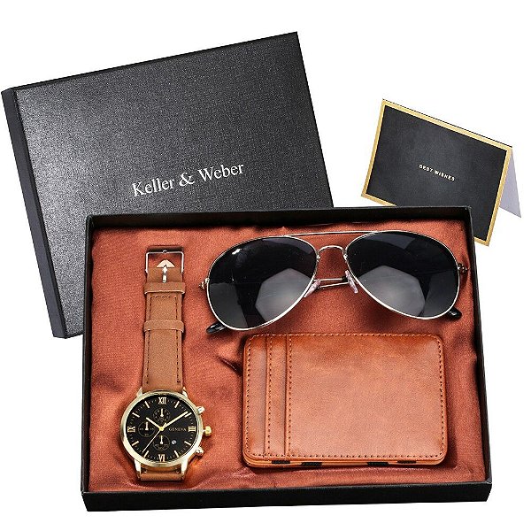 Kit Presente Relógio Masculino + Carteira + Óculos de Sol