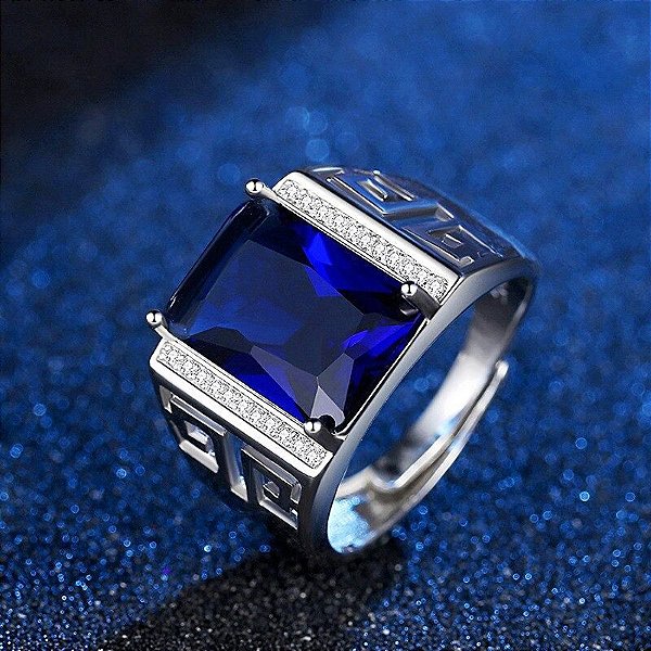 Anel Masculino Banhado Prata 925 Esterlina Ajustável com Pedra Topázio Fusion Azul e Zircônias