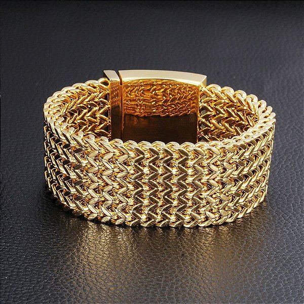 Pulseira de Aço Masculina Dourada Bracelete Banhado a Ouro 18K