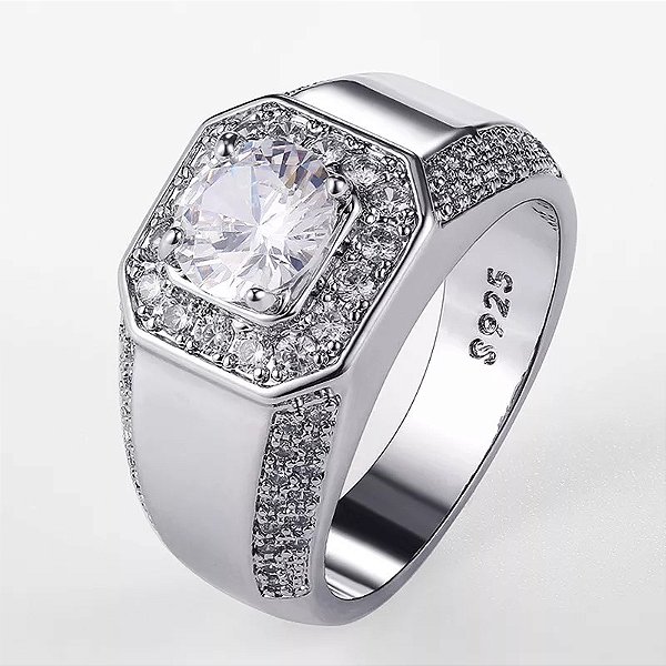 Anel Masculino Banhado Prata 925 Esterlina com Pedra Zircônia Fusion