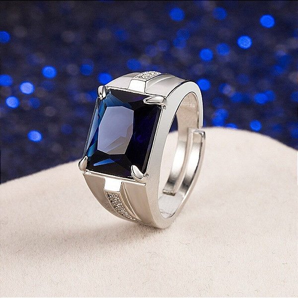 Anel Masculino Banhado Prata 925 Ajustável com Pedra Azul Safira Fusion