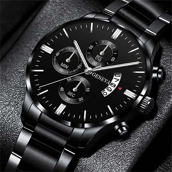 Relógio Masculino Preto Pulseira em Aço Preta Calendário Black Motion Design