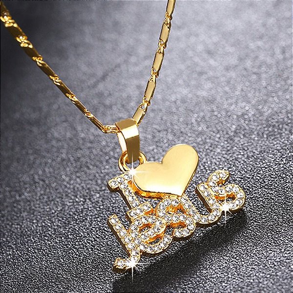 Colar Feminino Eu Amo Jesus Folheado a Ouro