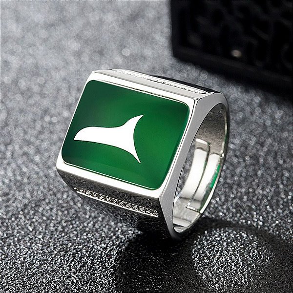 Anel Masculino Banhado Prata Esterlina 925 Ajustável com Pedra Verde Jade Fusion