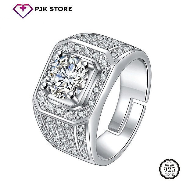 Anel Masculino Banhado Prata Esterlina 925 Ajustável com Pedra Zircônia