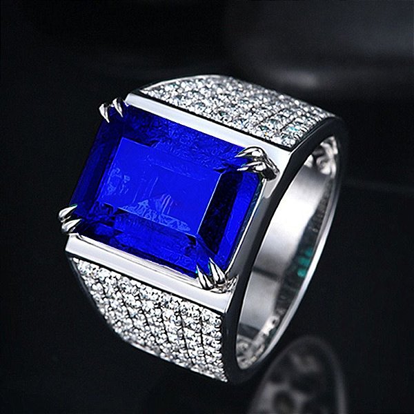 Anel Masculino Banhado Prata 925 Esterlina Pedra Azul Topázio Fusion e Zircônia Ajustável