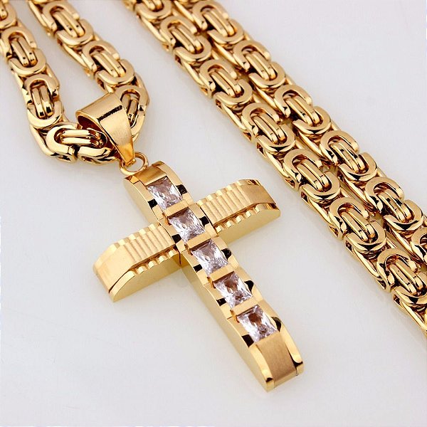 Corrente Masculina Banhada a Ouro 18K com Pingente Crucifixo