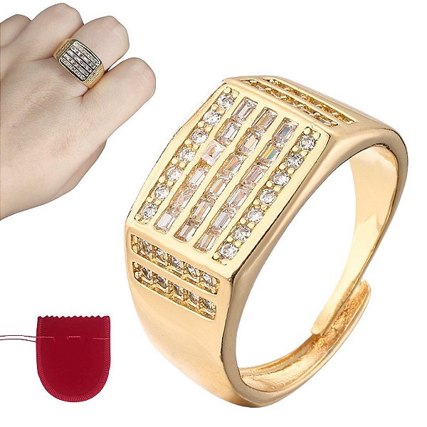 Anel Dourado Banhado Ponto de Luz Zircônia Ajustável
