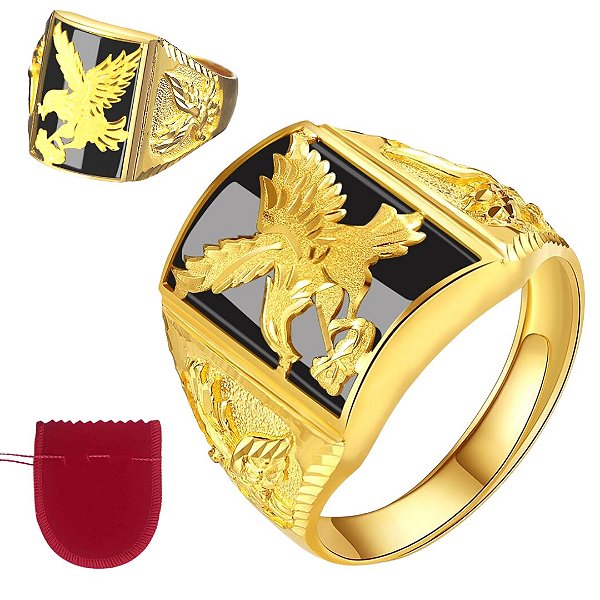 Anel Grande Masculino Águia Banhado a Ouro Ajustável