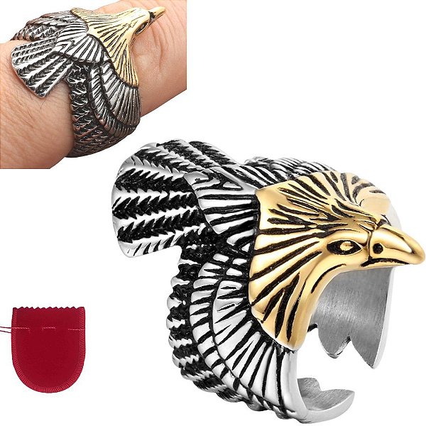 Anel Grande Prateado e Dourado Águia Ajustável + Saco Veludo