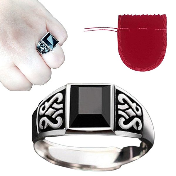 Anel Pedra Preta Trabalhado Ajustável Ônix Fusion