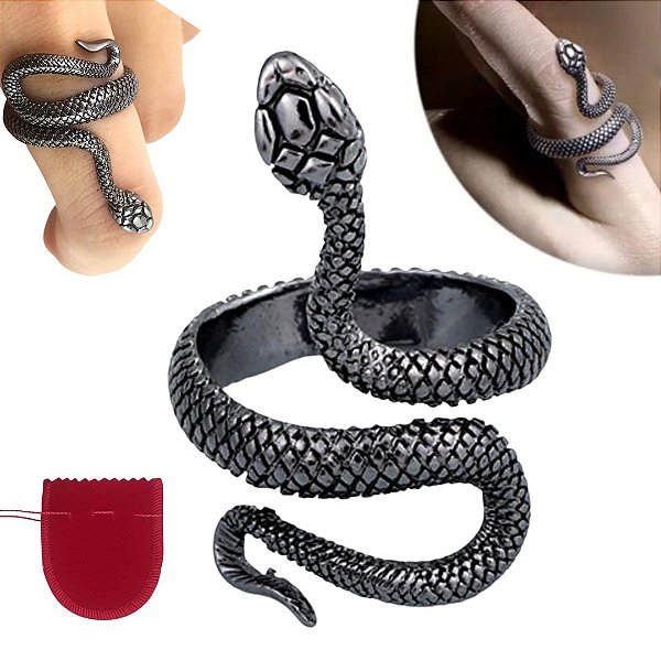 Anel Preto Prateado Ajustável Cobra Serpente Snake