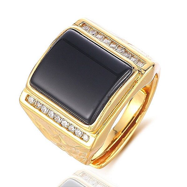 Anel Grande Masculino Pedra Preta Banhado a Ouro Ajustável
