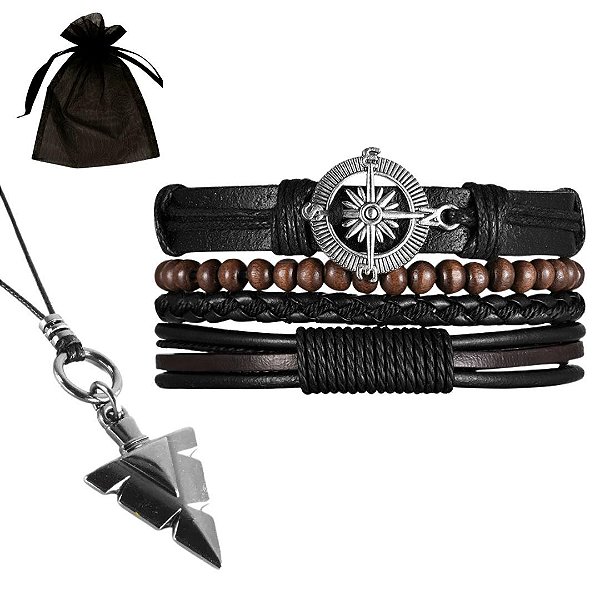 Kit colar e pulseiras masculinas couro, Cocar Brasil, Elo7