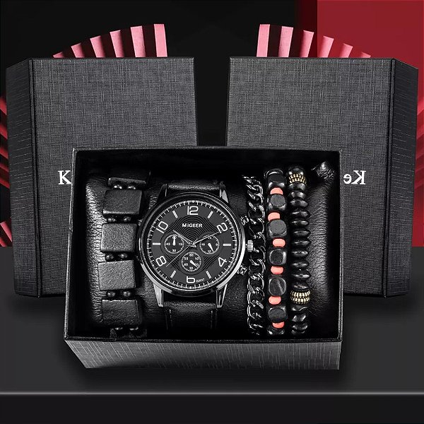 Kit Presente Relógio Masculino + 4 Pulseiras + Caixa