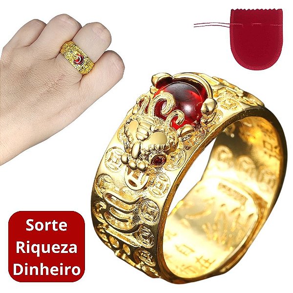 Anel Dourado Banhado a Ouro Feng Shui Original Sorte Amuleto Regulável